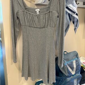 Gray Ribbed A-Line Long Sleeve Dress